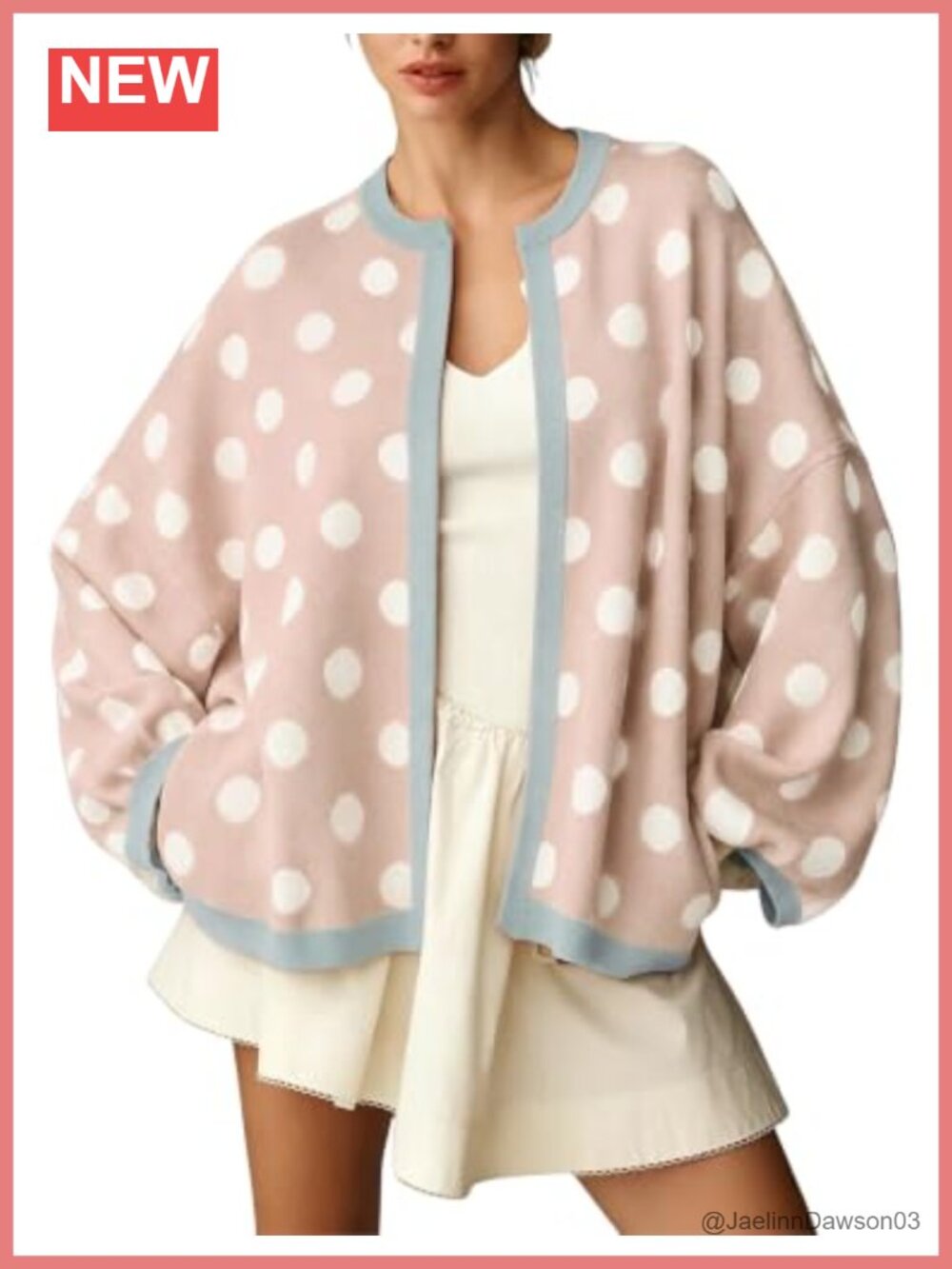 Womens Loose Fit Polka Dot Balloon Sleeve Open Front Knit Cardigan
